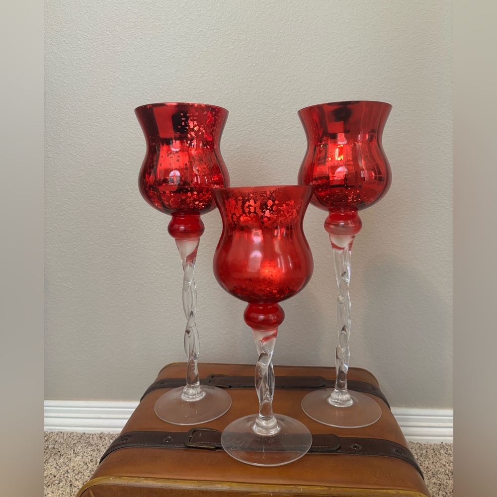 Elegant Red Glass Candle Holders(3)